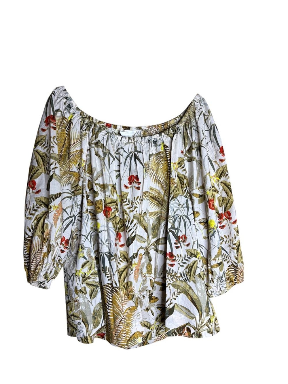 H&M Size L Botanical Floral Off Shoulder Peasant Blouse 3/4 Sleeve